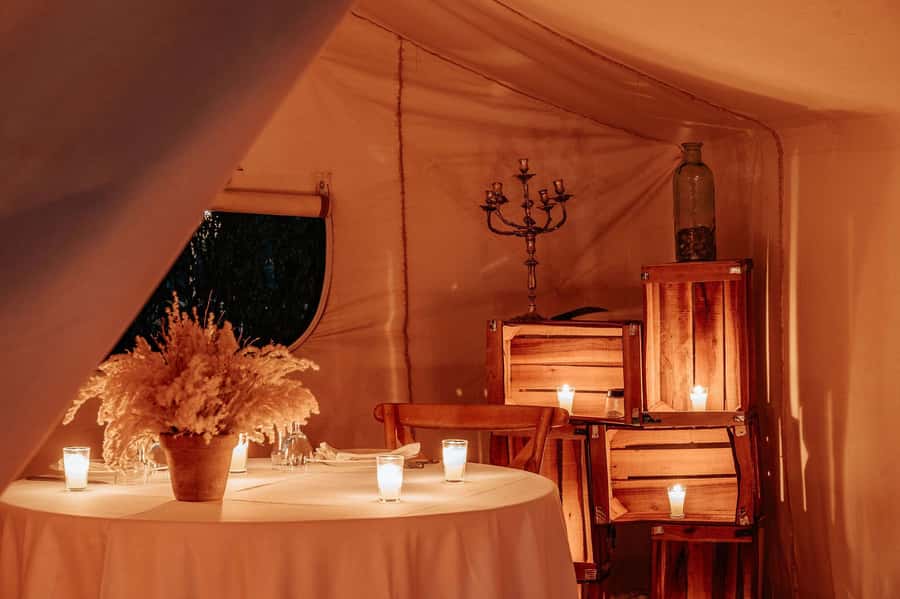 Marrakech: Agafay Desert Private Dinner w/ Music & Fire Show - Your private tent dinner at Inara Camp, comfort with desert energy